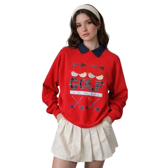 VALORIE SOCKWELL Sweaters - VALORIE SOCKWELL Folk Art Golf Appliqué‎ Collared Sweatshirt Preppy VTG 90's L